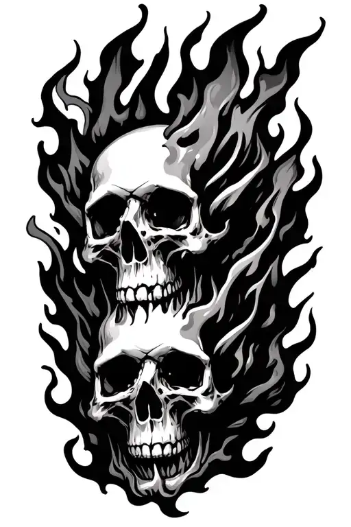 skulls surrounded by flames with smoke and fire rising from the mouth and eyes of the skulls tattoo design idea