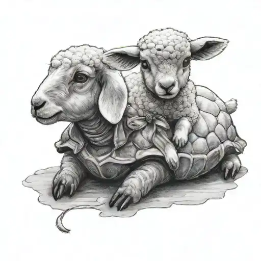 a cute lamb wearing a small bow and sitting on a turtle who's looking at the lamb tattoo design idea