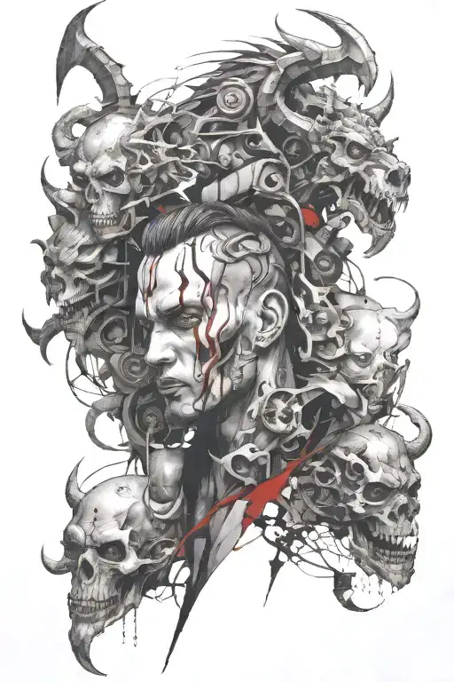 heavy metak themed tattoo with demons and gargoyls in black and white or greyscale tattoo design idea