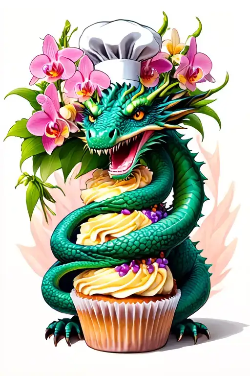 Dragon wrapped around a cupcake tower with a bouquet of orchids with a chef's hat on top tattoo design idea