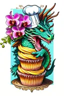 Dragon wrapped around a cupcake tower with a bouquet of orchids with a chef's hat on top tattoo design idea