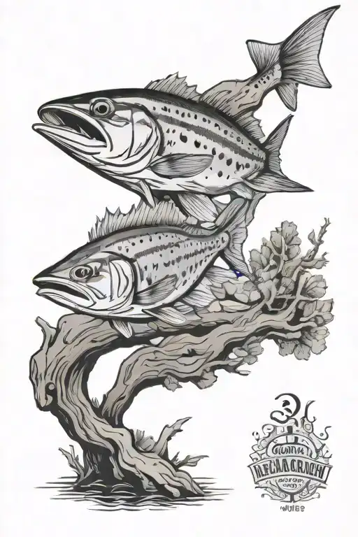 Spanish mackerel on a log tattoo design idea