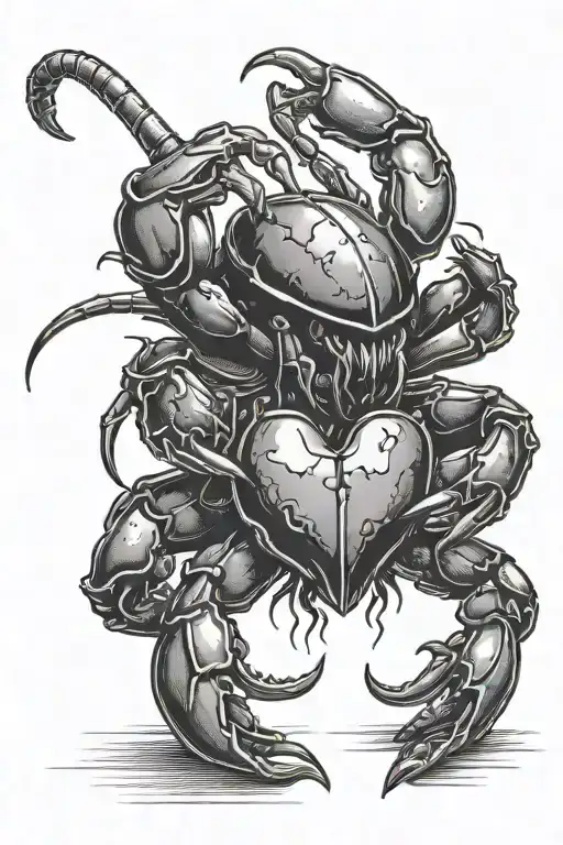 Black scorpion fighting a black crab with claws holding a knife plunged into a heart tattoo design idea