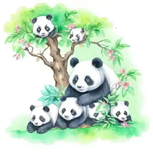 cherry blossem tree and 4 baby pandas playing under it tattoo design idea