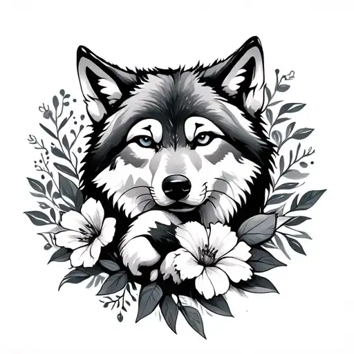 flowers wolf protects her wolf cub tattoo design idea