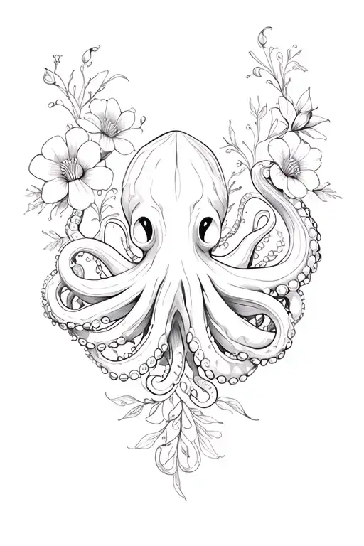 octopus and ornemental flowers tattoo design idea