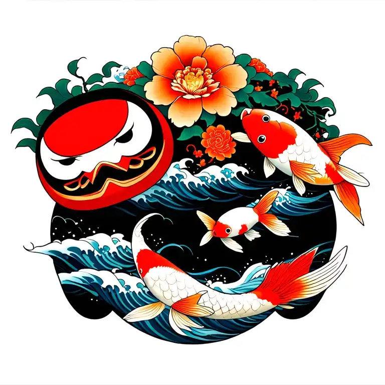 kaizen with daruma doll and koi fish with flowers and waves in color tattoo design idea
