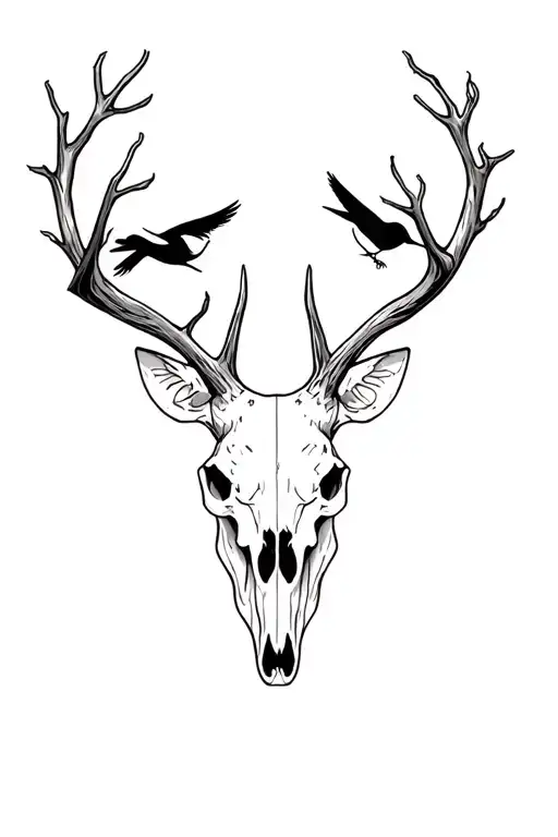 deer skull, birds perched, tree branches tattoo design idea