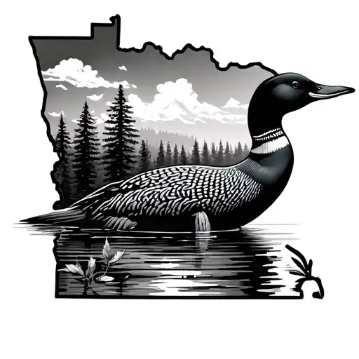 state of minnesota with a loon, showy lady slippers, loon, and pine trees in the background tattoo design idea