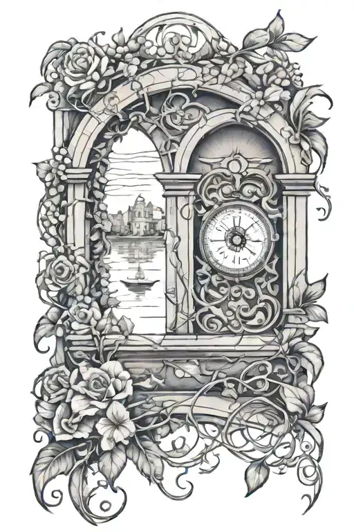 Arch monument with wrapping wild vines, and a compass inside the arch. tattoo design idea