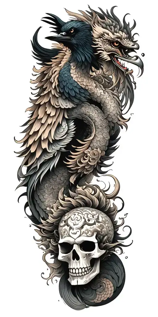 Chinese dragon and phoenix and skull and moon and raven tattoo design idea