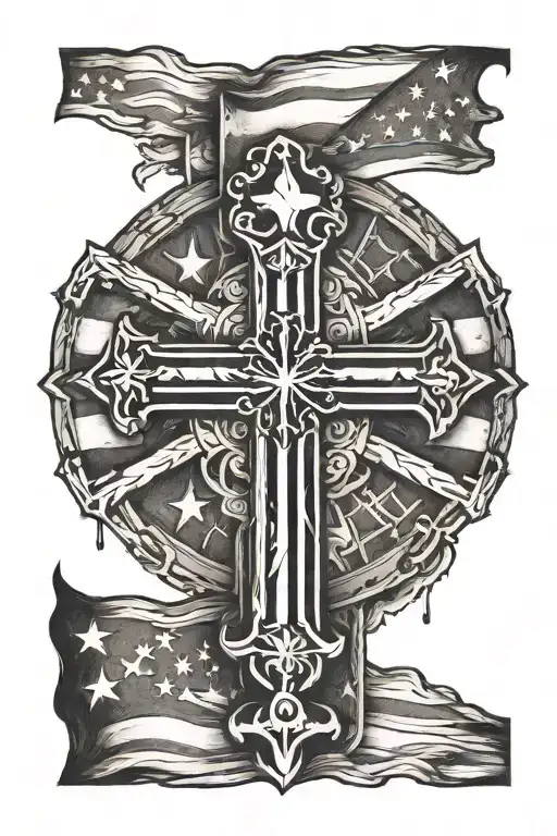cross and inside is an American flag fading to a Filipino flag tattoo design idea