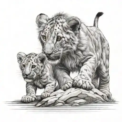 Lion cub stepping into lions footstep tattoo design idea