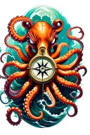 angry kracken octopus in ocean with nautical compass in middle with tentacles out wide with waves tattoo design idea