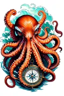 angry kracken octopus in ocean with nautical compass in middle with tentacles out wide with waves tattoo design idea