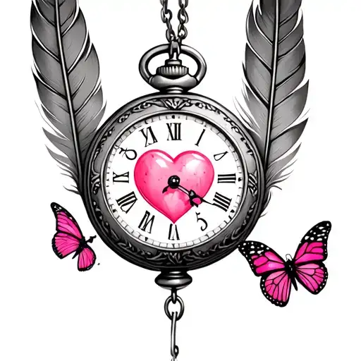 rustic pocket watch with feathers coming off of chain pink heart center and two pink butterflies forearm tattoo tattoo design idea