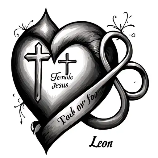 A tattoo of a heart with an infinity sign, including a cross for Jesus, the name 'Leon' and his birth tattoo design idea