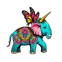 elephant with a unicorn on its back and a butterfly on the trunk tattoo design idea