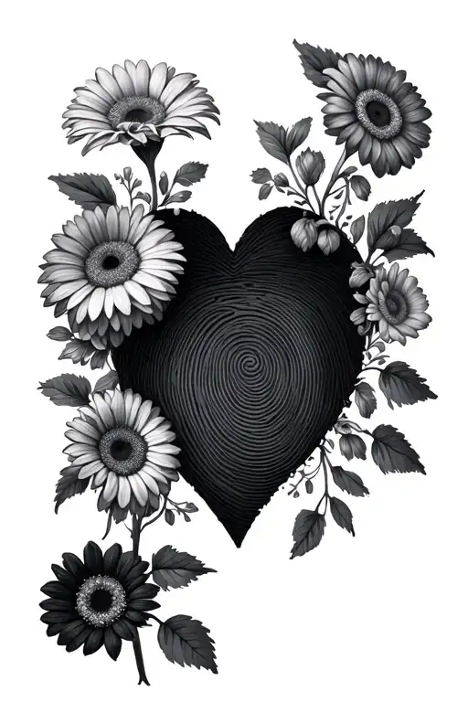 Gerbera flowers surrounding a fingerprint heart shape tattoo design idea