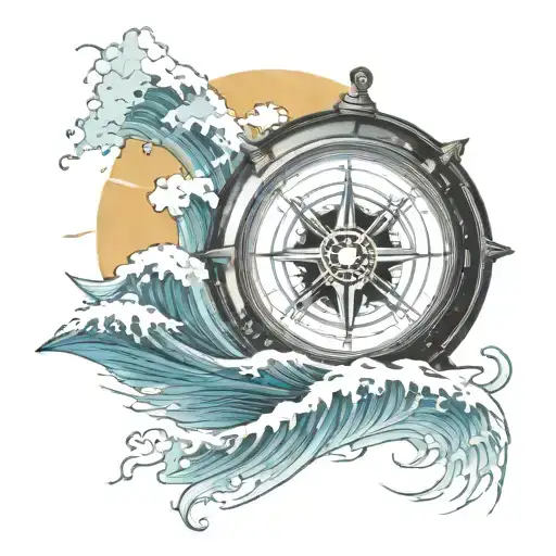 compass rose inside pipeline wave crashing with sun rays breaking through  tattoo design idea