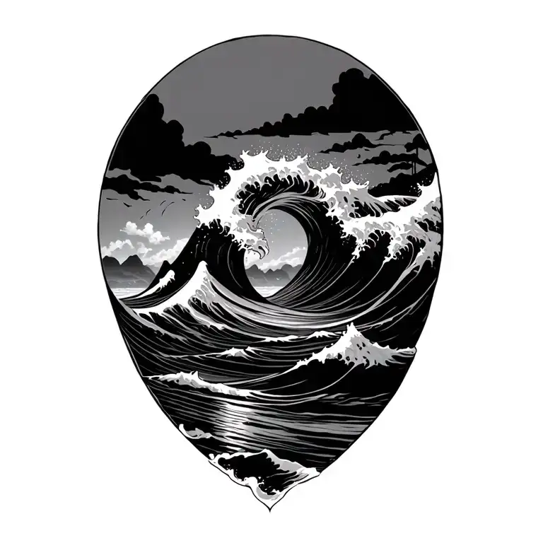 tidal wave and island landscape tattoo design idea