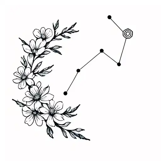 A minimalist tattoo of an Aries constellation surrounded by blooming flowers, representing strength and growth tattoo design idea