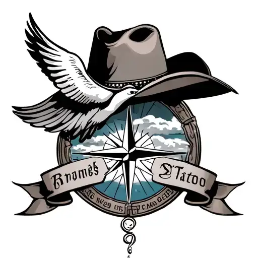 last name intertwined with clouds inside, compass and dove in each corner and adding cowboy hat within the tattoo tattoo design idea