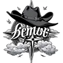 last name intertwined with clouds inside, compass and dove in each corner and adding cowboy hat within the tattoo tattoo design idea