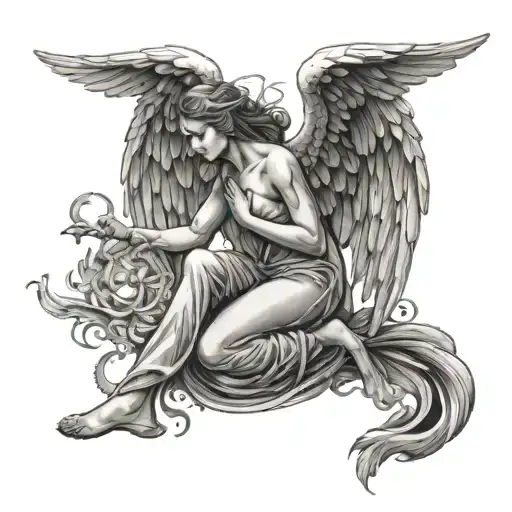 an angel stands on one knee with wings that burn with fire tattoo design idea
