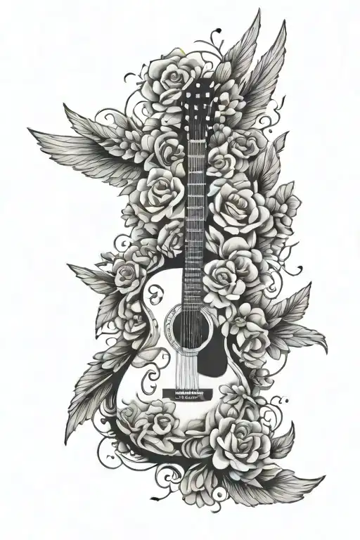 Guitar, angel wings on guitar, flowers petals falling, cross incorporated  tattoo design idea