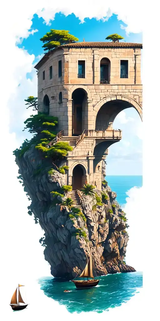 ancient Roman stone wall built into cliff side with arch windows and walk ways overlooking the ocean with sailboat  tattoo design idea