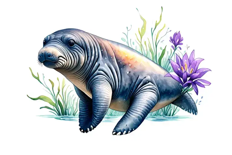 Water color manatee underwater with purple water hyacinth all around it tattoo design idea