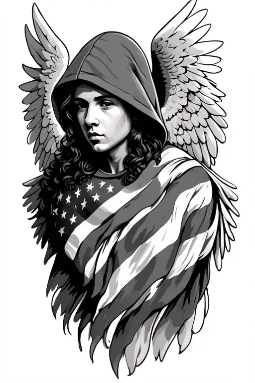 hooded angel with American flag incorporated tattoo design idea