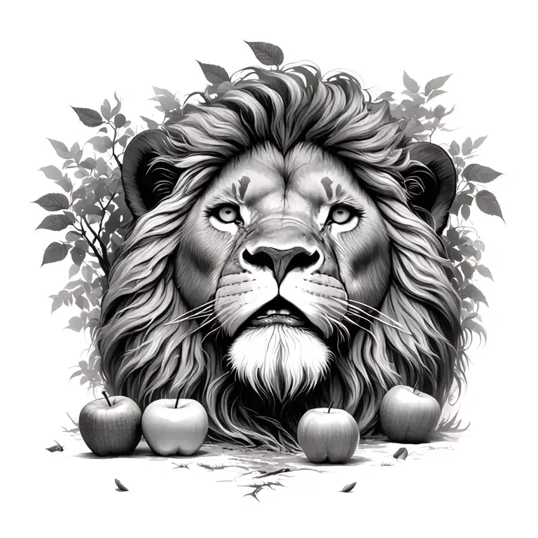lion face in tree with 2 apples scattered on ground tattoo design idea