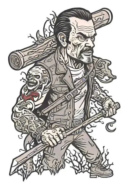 Negan, from walking dead and his bat lucille, and zombies tattoo design idea
