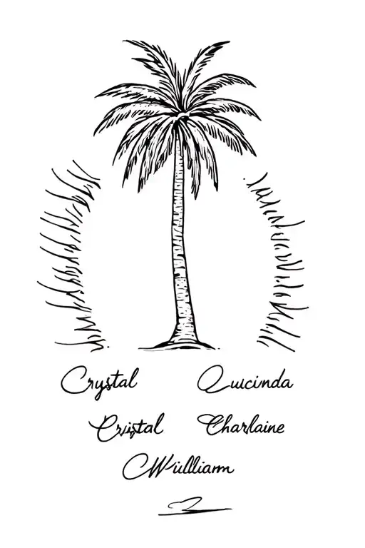 aesthetic palm tree with the names Crystal , Lucinda , Charmaine , William . make it a line tattoo vibe  tattoo design idea
