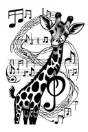 giraffe with musical notes spots, treble clef and bass clef creating a heart, piano keys, staff winding around tattoo design idea