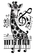 giraffe with musical notes spots, treble clef and bass clef creating a heart, piano keys, staff winding around tattoo design idea