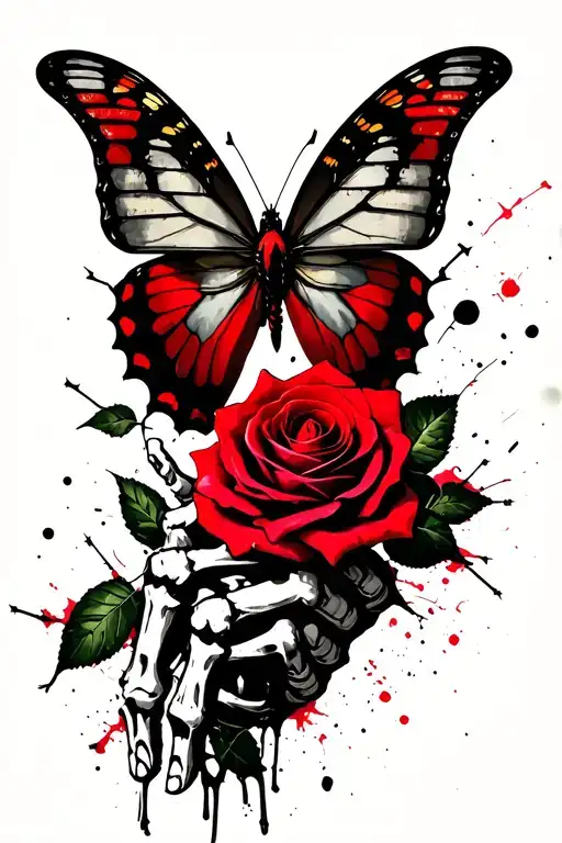 butterfly resting on rose, rose being held by skeleton hand, wrapped in barbed wire tattoo design idea