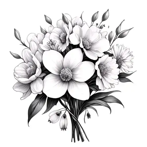 snowdrop flower, daffodil, cherry blossom, peony, marigold, cosmos flower bouquet tattoo design idea