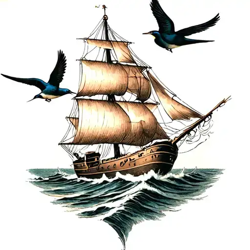 three masted boat and two swallows tattoo design idea