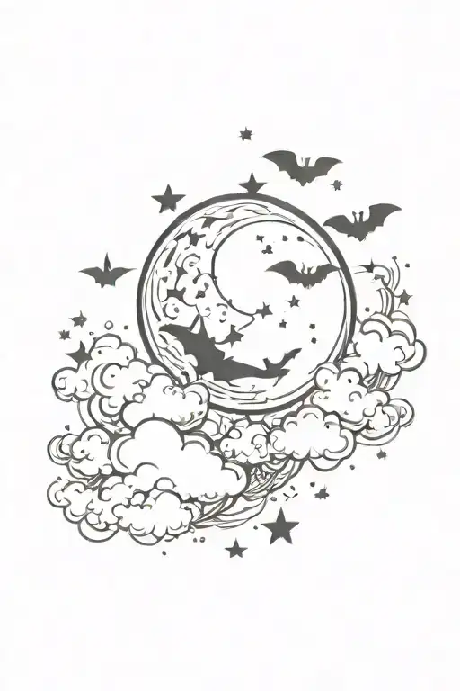 A whimsical, gothic tattoo idea of a cresent moon, stars, clouds, bats tattoo design idea