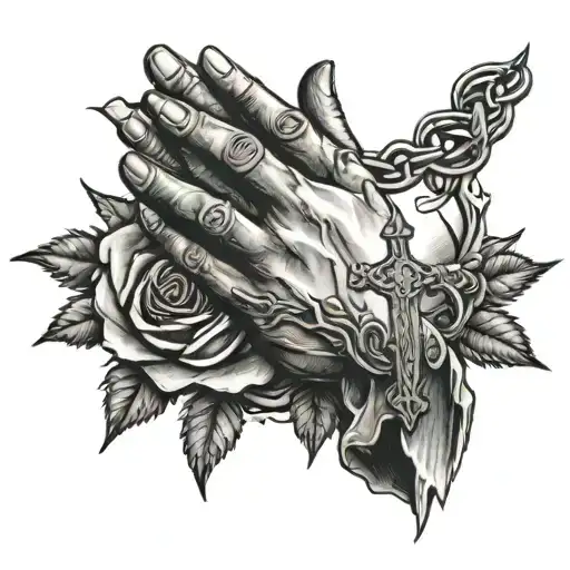 hands praying wrapped in cross necklace with roses thorns and the sun setting in the background  tattoo design idea