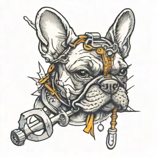 French bulldog mechanic tools steel melting pot tattoo design idea