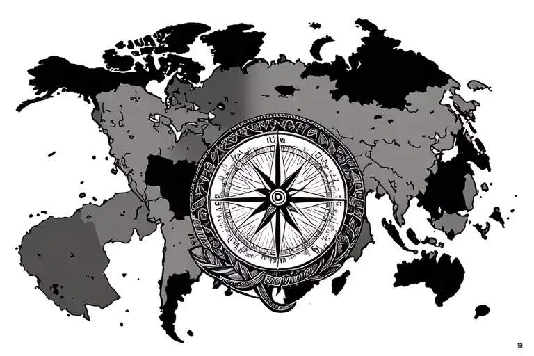 nautical world map compass rose intertwined tattoo design idea