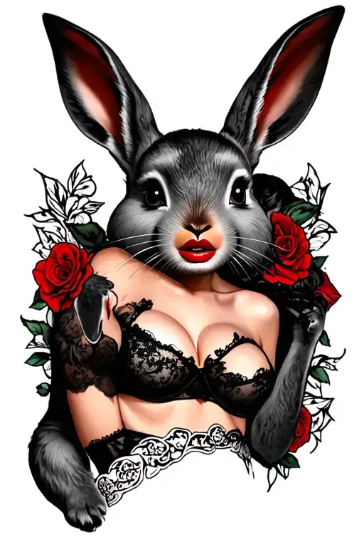 Pin up girl tattoo wearing lingerie with red lips and holding a grey rabbit.  tattoo design idea