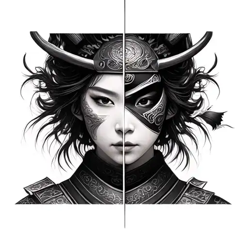 portrait of japanese woman with samurai oni mask split down the middle of her face tattoo design idea