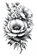 Poppy, Forget me not, Carnation, Violet, Peony, Lily of The Valley with a ribbon tattoo design idea