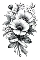 Poppy, Forget me not, Carnation, Violet, Peony, Lily of The Valley with a ribbon tattoo design idea