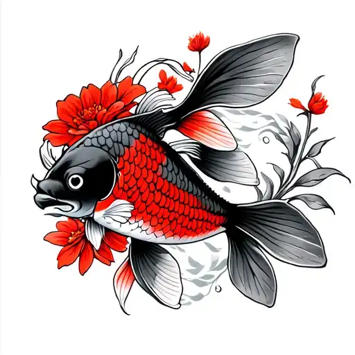  a small japanese koi fish with red and black scales , entwined with stylized red flowers and leaves tattoo design idea
